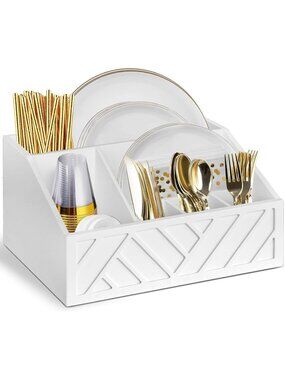 New Rustic Wood Paper Plate Dispenser 6-Compartment Utensil Caddy